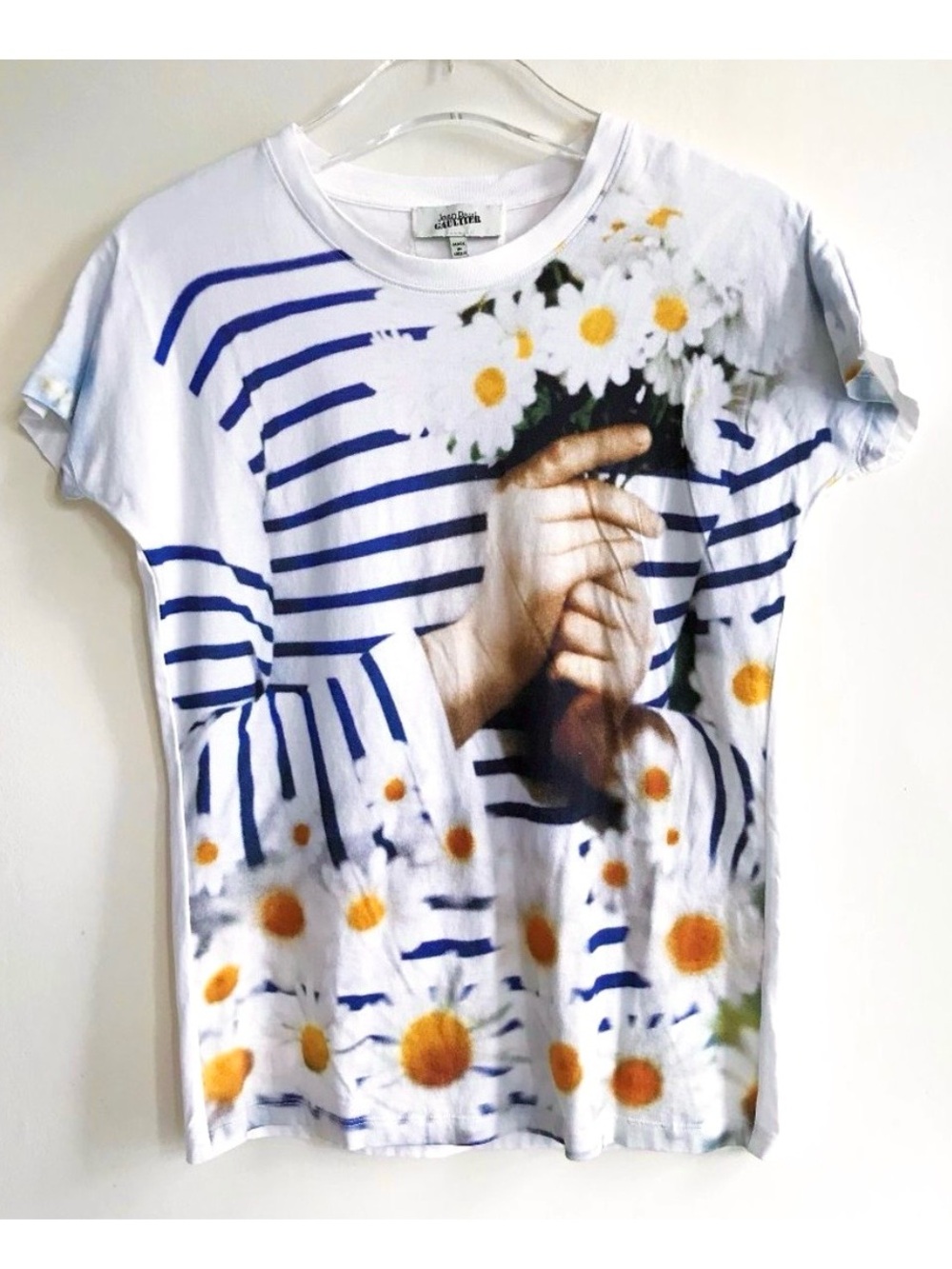Jean Paul Gaultier Trompe L'oeil Striped Daisies T-Shirt Tee Floral White Blue M